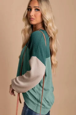 Hot Dear-Lover Green Color Block Long Sleeve Ribbed Loose Top Green-2