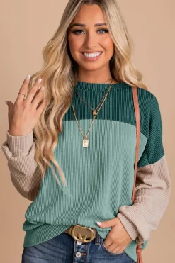 Hot Dear-Lover Green Color Block Long Sleeve Ribbed Loose Top Green-2