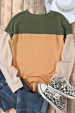 Online Dear-Lover Color Block Long Sleeve Ribbed Loose Top Green