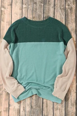 Hot Dear-Lover Green Color Block Long Sleeve Ribbed Loose Top Green-2