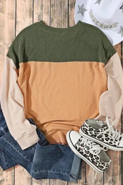 Online Dear-Lover Color Block Long Sleeve Ribbed Loose Top Green