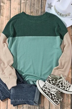 Hot Dear-Lover Green Color Block Long Sleeve Ribbed Loose Top Green-2
