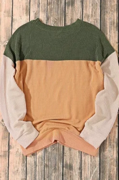 Online Dear-Lover Color Block Long Sleeve Ribbed Loose Top Green