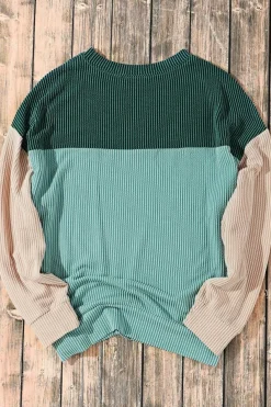 Hot Dear-Lover Green Color Block Long Sleeve Ribbed Loose Top Green-2