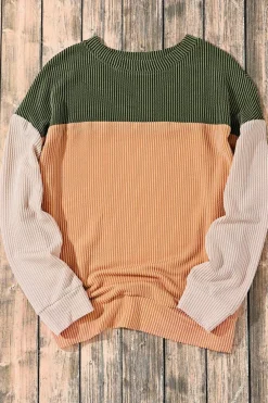 Online Dear-Lover Color Block Long Sleeve Ribbed Loose Top Green