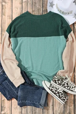 Hot Dear-Lover Green Color Block Long Sleeve Ribbed Loose Top Green-2
