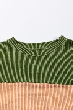 Online Dear-Lover Color Block Long Sleeve Ribbed Loose Top Green