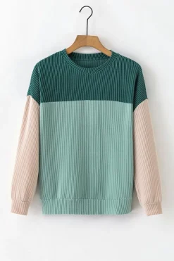 Hot Dear-Lover Green Color Block Long Sleeve Ribbed Loose Top Green-2