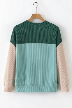 Hot Dear-Lover Green Color Block Long Sleeve Ribbed Loose Top Green-2