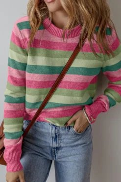 Hot Dear-Lover Color Block Ribbed Edge Round Neck Sweater Green