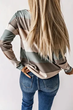 Fashion Dear-Lover Color Block Ribbed Long Sleeve Top with Pocket Green
