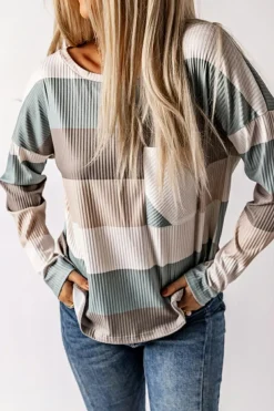 Fashion Dear-Lover Color Block Ribbed Long Sleeve Top with Pocket Green