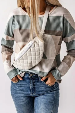Fashion Dear-Lover Color Block Ribbed Long Sleeve Top with Pocket Green