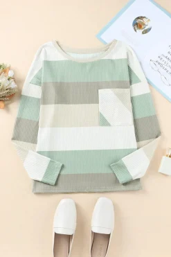 Fashion Dear-Lover Color Block Ribbed Long Sleeve Top with Pocket Green