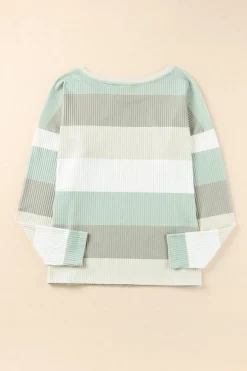 Fashion Dear-Lover Color Block Ribbed Long Sleeve Top with Pocket Green