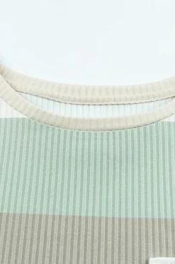 Fashion Dear-Lover Color Block Ribbed Long Sleeve Top with Pocket Green