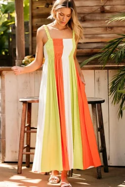 Best Dear-Lover Color Block Shirred High Waist Fit and Flare Maxi Dress Green