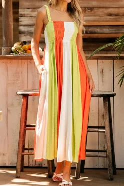 Best Dear-Lover Color Block Shirred High Waist Fit and Flare Maxi Dress Green
