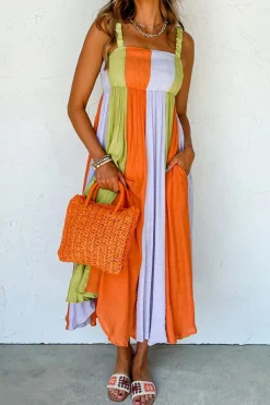 Best Dear-Lover Color Block Shirred High Waist Fit and Flare Maxi Dress Green