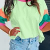 Fashion Dear-Lover Color Block Stitching Sleeve Round Neck Oversize Top Green