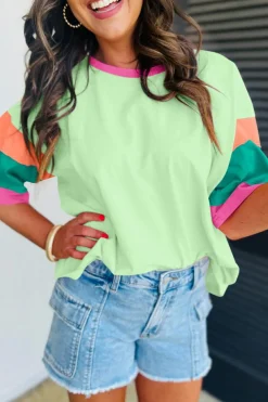 Fashion Dear-Lover Color Block Stitching Sleeve Round Neck Oversize Top Green