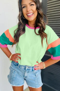 Fashion Dear-Lover Color Block Stitching Sleeve Round Neck Oversize Top Green