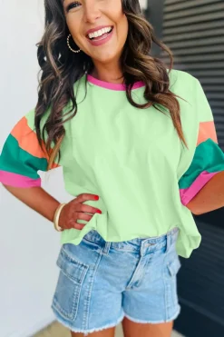 Fashion Dear-Lover Color Block Stitching Sleeve Round Neck Oversize Top Green