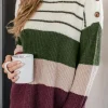 Fashion Dear-Lover Color Block Striped Buttoned Shoulder Split Sweater Green