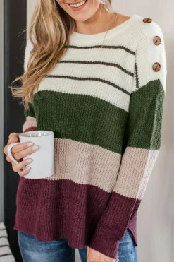 Fashion Dear-Lover Color Block Striped Buttoned Shoulder Split Sweater Green