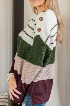 Fashion Dear-Lover Color Block Striped Buttoned Shoulder Split Sweater Green