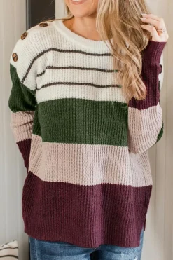 Fashion Dear-Lover Color Block Striped Buttoned Shoulder Split Sweater Green