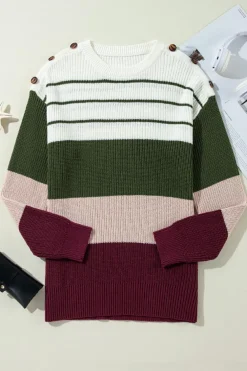 Fashion Dear-Lover Color Block Striped Buttoned Shoulder Split Sweater Green