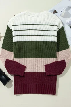 Fashion Dear-Lover Color Block Striped Buttoned Shoulder Split Sweater Green