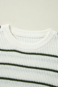 Fashion Dear-Lover Color Block Striped Buttoned Shoulder Split Sweater Green