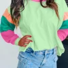 New Dear-Lover Colorblock Patchwork Long Sleeve Loose Top Green