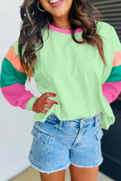 New Dear-Lover Colorblock Patchwork Long Sleeve Loose Top Green