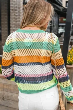 Hot Dear-Lover Colorblock Patchwork Knit Crochet Eyelet Sweater Green