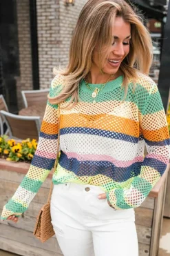 Hot Dear-Lover Colorblock Patchwork Knit Crochet Eyelet Sweater Green