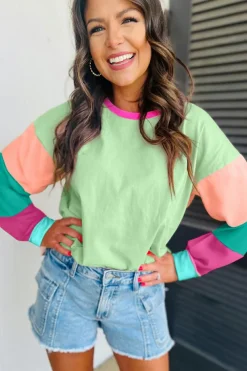 New Dear-Lover Colorblock Patchwork Long Sleeve Loose Top Green