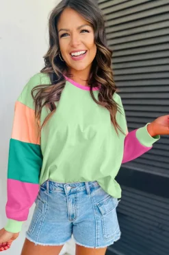 New Dear-Lover Colorblock Patchwork Long Sleeve Loose Top Green