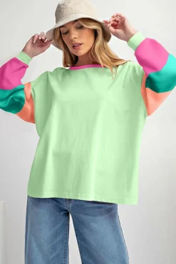New Dear-Lover Colorblock Patchwork Long Sleeve Loose Top Green