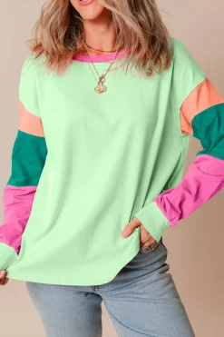 New Dear-Lover Colorblock Patchwork Long Sleeve Loose Top Green
