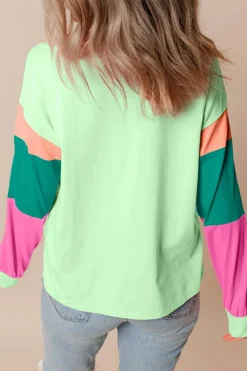 New Dear-Lover Colorblock Patchwork Long Sleeve Loose Top Green