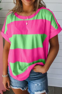 New Dear-Lover Colorblock Rounded Hem Loose T Shirt Green