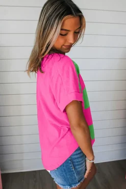 New Dear-Lover Colorblock Rounded Hem Loose T Shirt Green