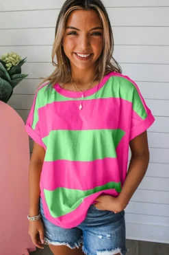 New Dear-Lover Colorblock Rounded Hem Loose T Shirt Green