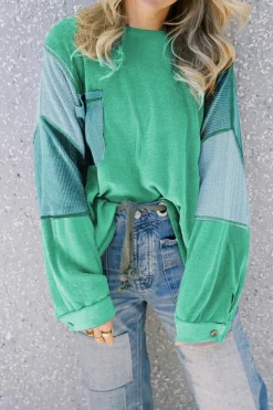 Best Dear-Lover Colorblock Stitching Patchwork Buttoned Long Sleeve Top Green