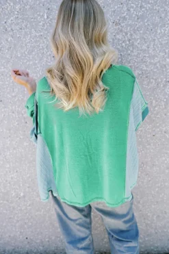 Best Dear-Lover Colorblock Stitching Patchwork Buttoned Long Sleeve Top Green