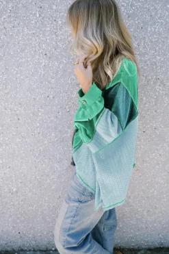Best Dear-Lover Colorblock Stitching Patchwork Buttoned Long Sleeve Top Green