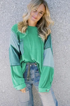 Best Dear-Lover Colorblock Stitching Patchwork Buttoned Long Sleeve Top Green